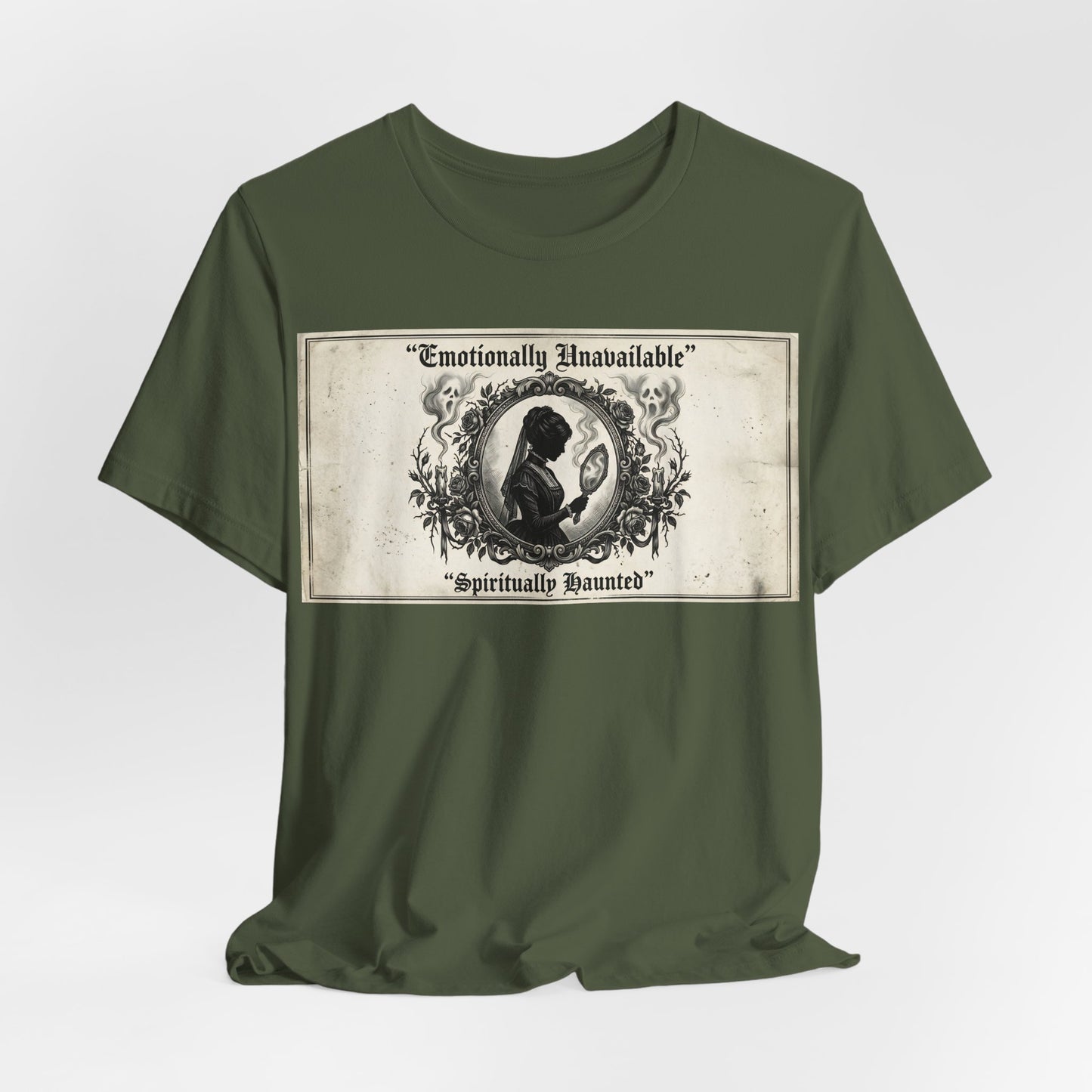 Emotionally Unavailable Spiritually Haunted Shirt | Goth Victorian Mourning Card Tee | Dark Academia Gift | Witchy Unisex Tshirt