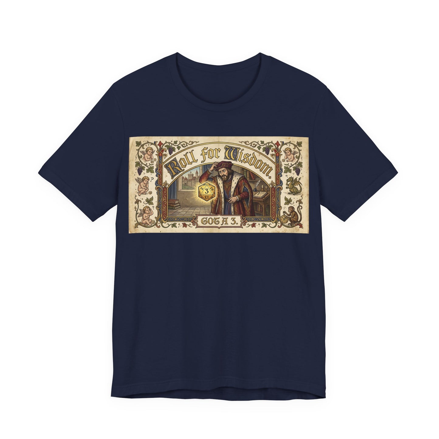 Roll for Wisdom Got a 3 Shirt | TTRPG Dice Humor Tee | Tabletop RPG Marriage Gift | Medieval Illuminated Manuscript D20 Tshirt
