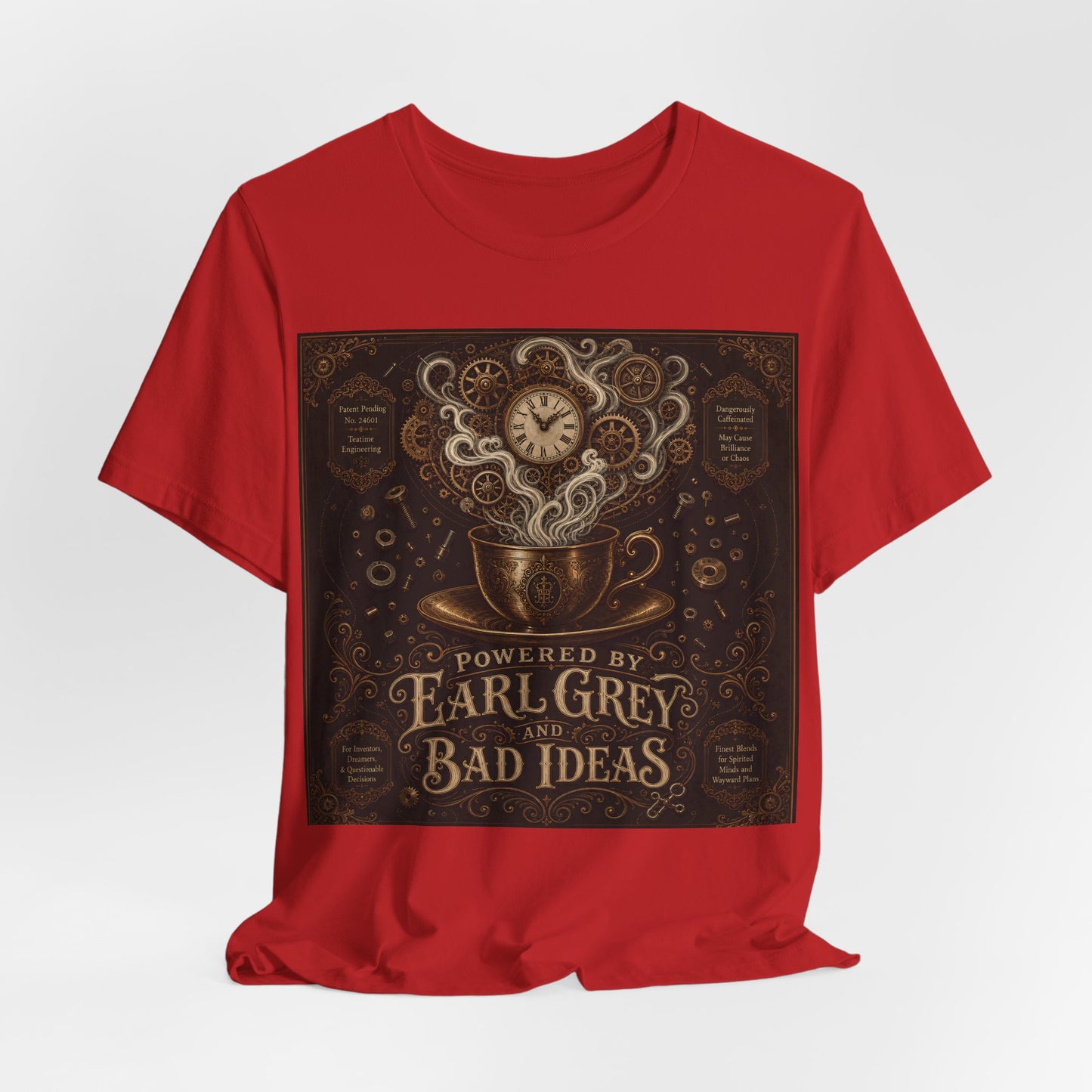 Powered By Earl Grey and Bad Ideas Shirt | Steampunk Inventor Tee | Victorian Engineer Gift | Tinkerer Maker Workshop Tshirt