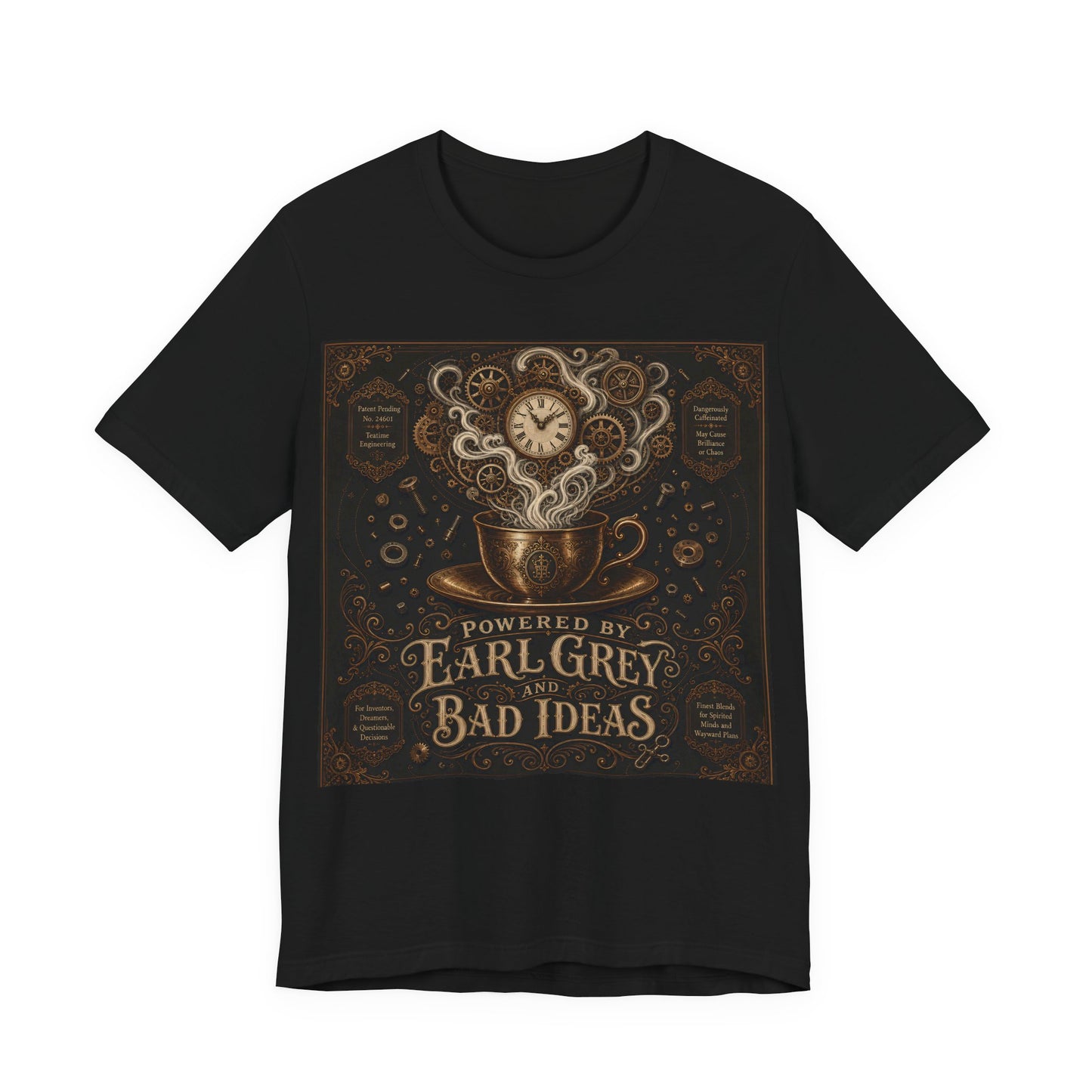 Powered By Earl Grey and Bad Ideas Shirt | Steampunk Inventor Tee | Victorian Engineer Gift | Tinkerer Maker Workshop Tshirt