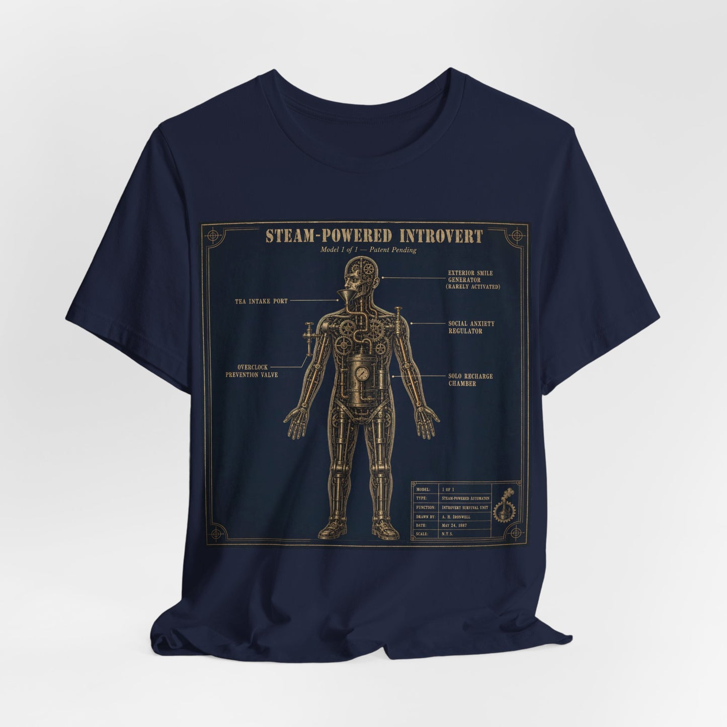 Steam Powered Introvert Shirt | Steampunk Blueprint Tee | Gears Social Anxiety Humor Gift | Victorian Engineering Schematic Tshirt