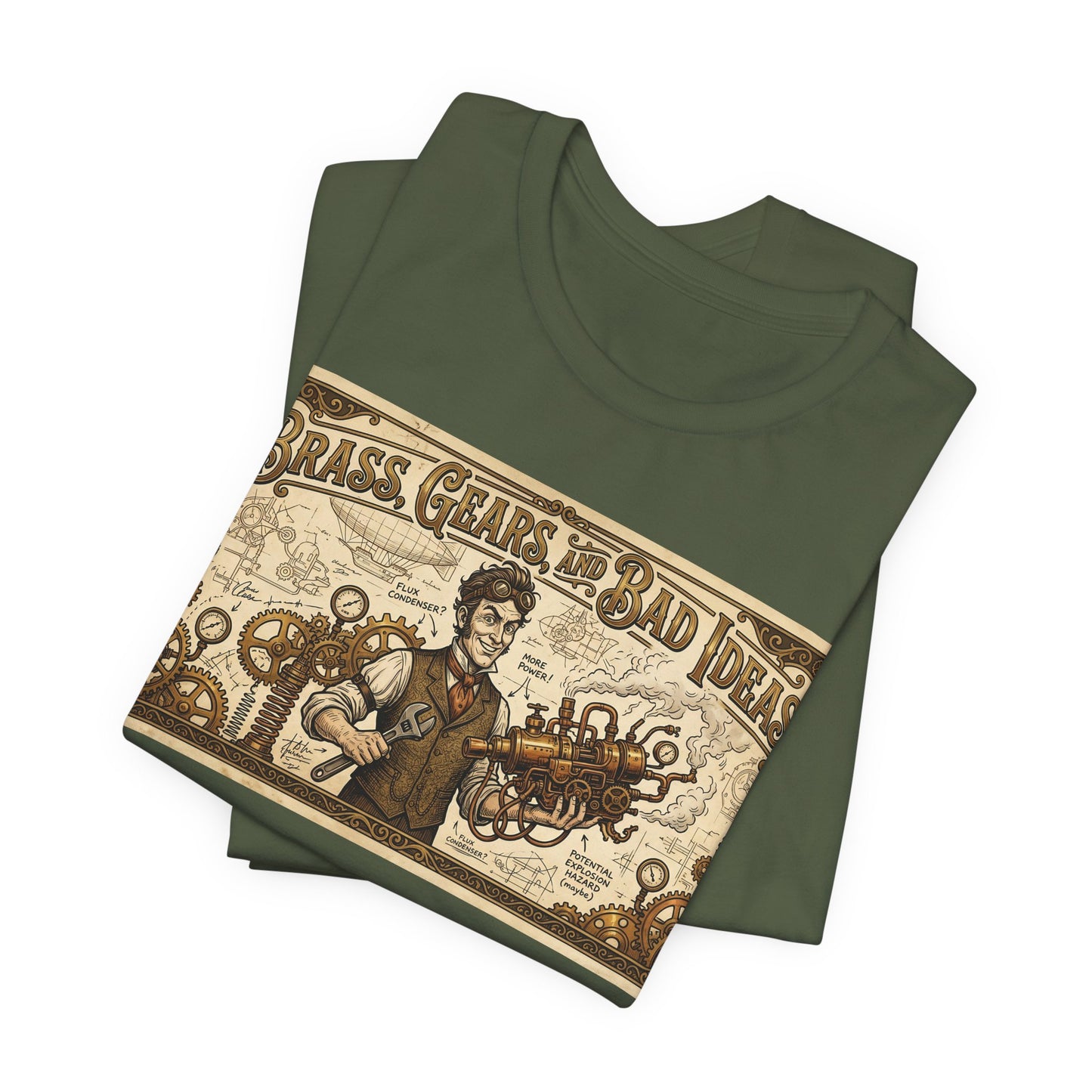 Brass, Gears, and Bad Ideas Shirt | Funny Steampunk Engineer Tee | Victorian Inventor Gift | Cosplay LARP Renaissance Faire Airship Goggles