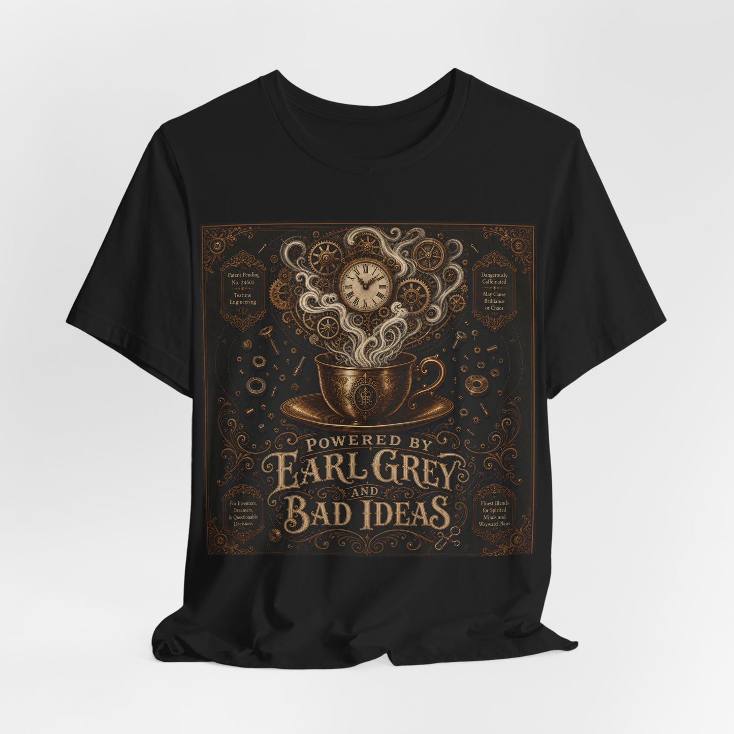 Powered By Earl Grey and Bad Ideas Shirt | Steampunk Inventor Tee | Victorian Engineer Gift | Tinkerer Maker Workshop Tshirt