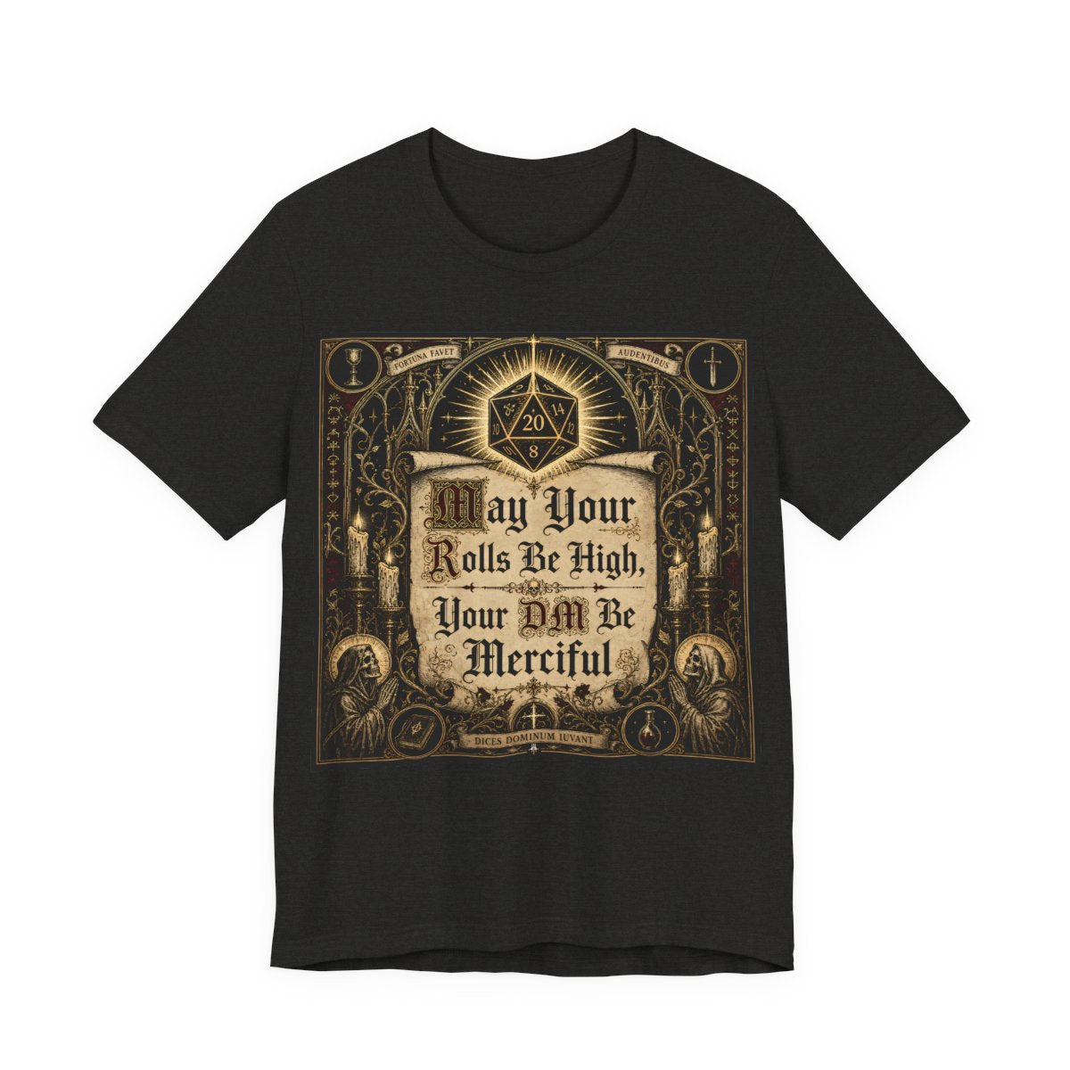 May Your Rolls Be High Your GM Be Merciful Shirt | TTRPG Player Prayer Tee | Tab - Black Heather