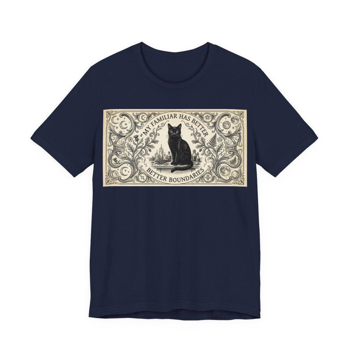 My Familiar Has Better Boundaries Shirt | Funny Witch Cat Tee | Pagan Witchcraft - Navy