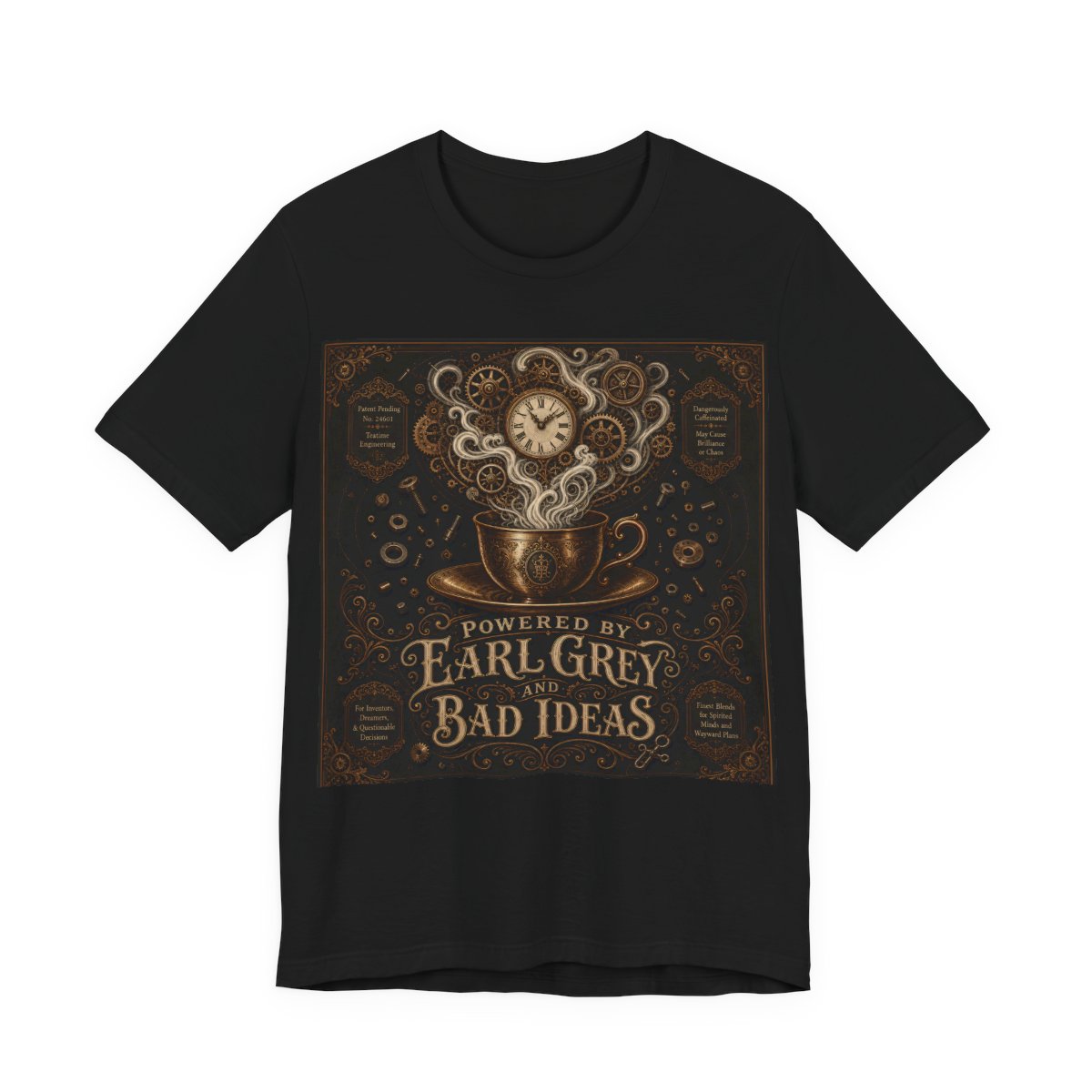 Powered By Earl Grey and Bad Ideas Shirt | Steampunk Inventor Tee | Victorian En - Black