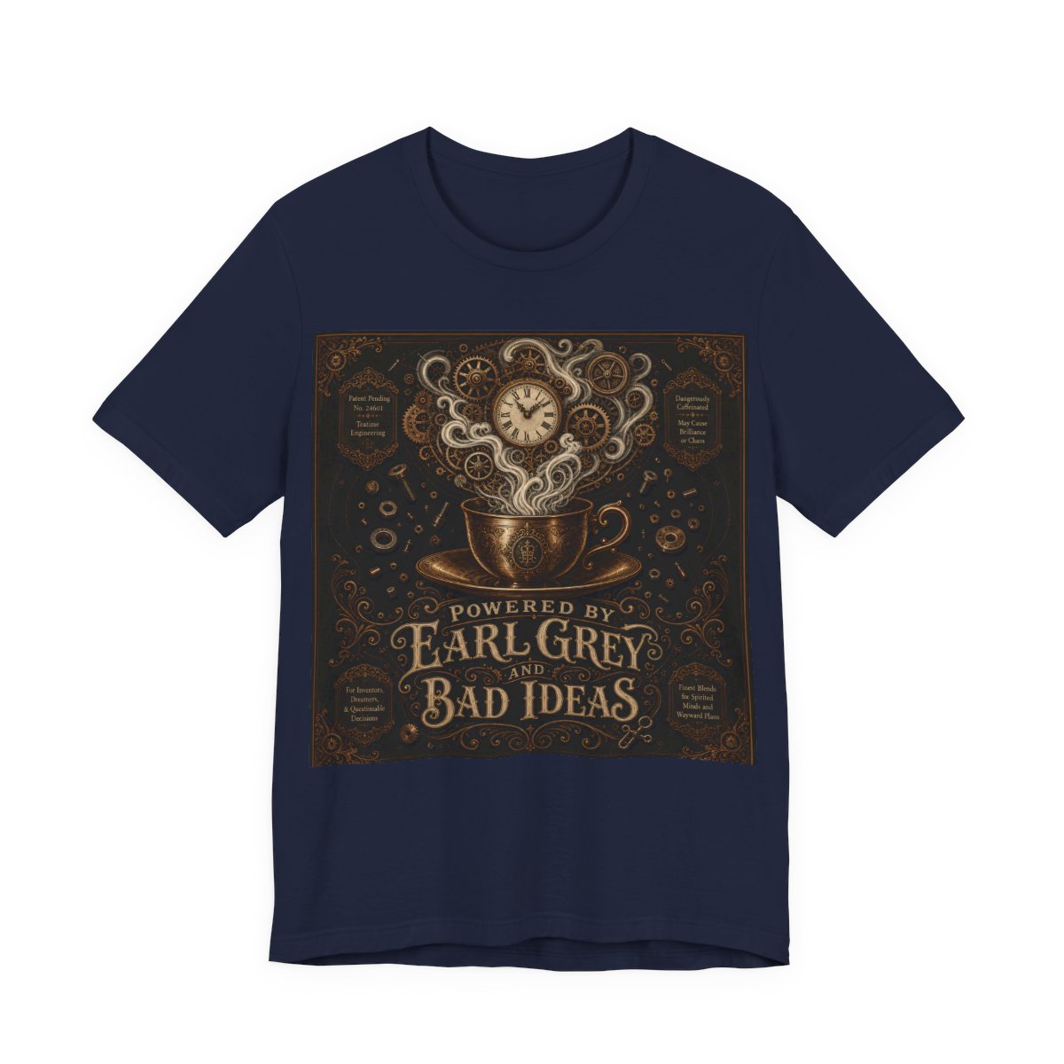 Powered By Earl Grey and Bad Ideas Shirt | Steampunk Inventor Tee | Victorian En - Navy