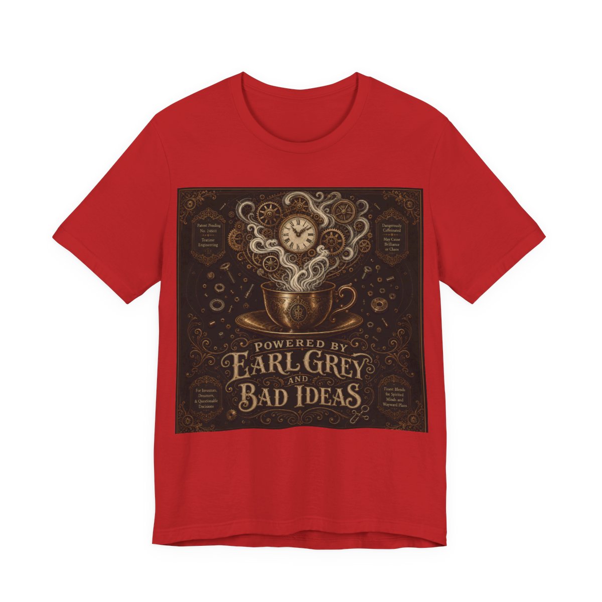 Powered By Earl Grey and Bad Ideas Shirt | Steampunk Inventor Tee | Victorian En - Red