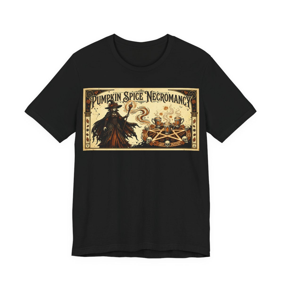 Pumpkin Spice Necromancy Shirt | Goth Halloween Tee | Vintage Coffee Ad Parody | - Black