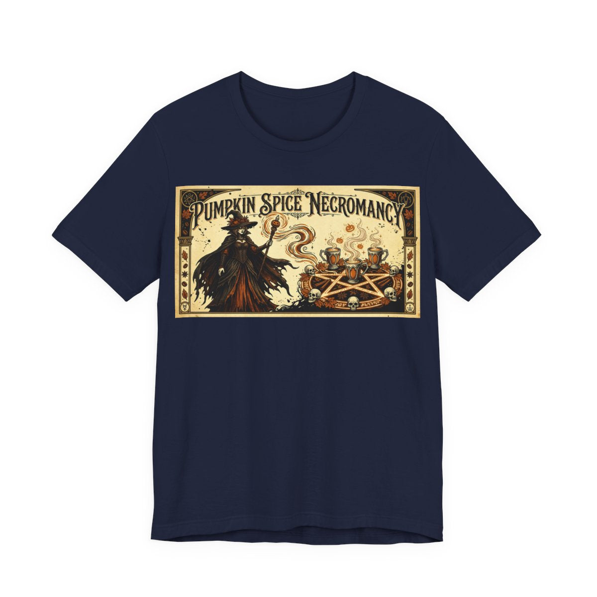 Pumpkin Spice Necromancy Shirt | Goth Halloween Tee | Vintage Coffee Ad Parody | - Navy