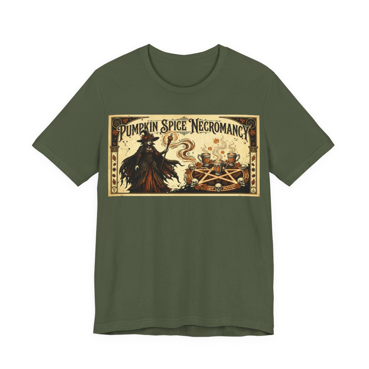Pumpkin Spice Necromancy Shirt | Goth Halloween Tee | Vintage Coffee Ad Parody | - Military Green
