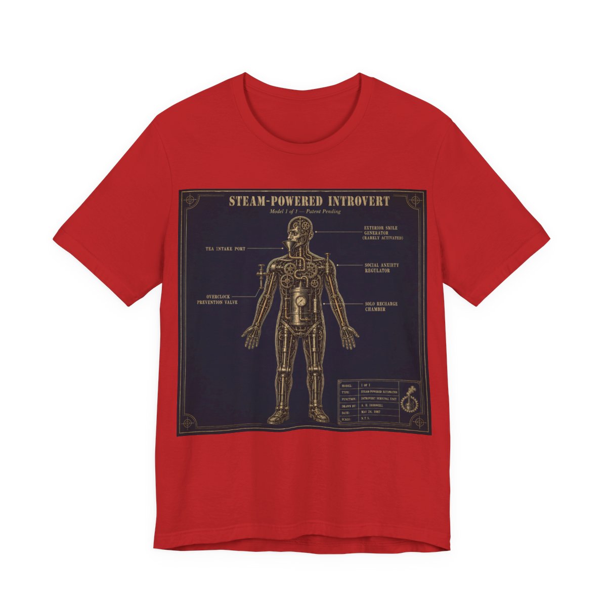 Steam Powered Introvert Shirt | Steampunk Blueprint Tee | Gears Social Anxiety H - Red