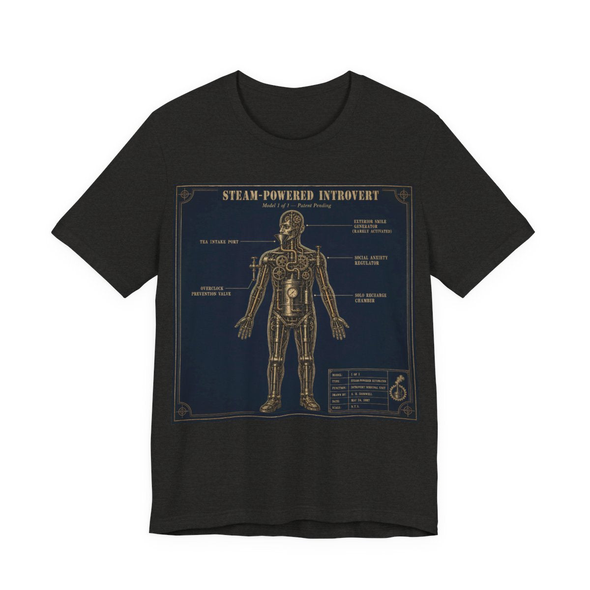 Steam Powered Introvert Shirt | Steampunk Blueprint Tee | Gears Social Anxiety H - Black Heather