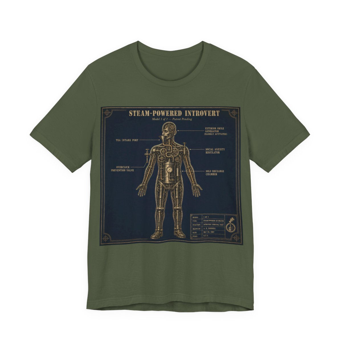 Steam Powered Introvert Shirt | Steampunk Blueprint Tee | Gears Social Anxiety H - Military Green